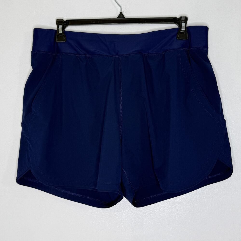 Lands End Swim Shorts Womens 18 Blue Solid Lined Built In Brief Pockets Stretch